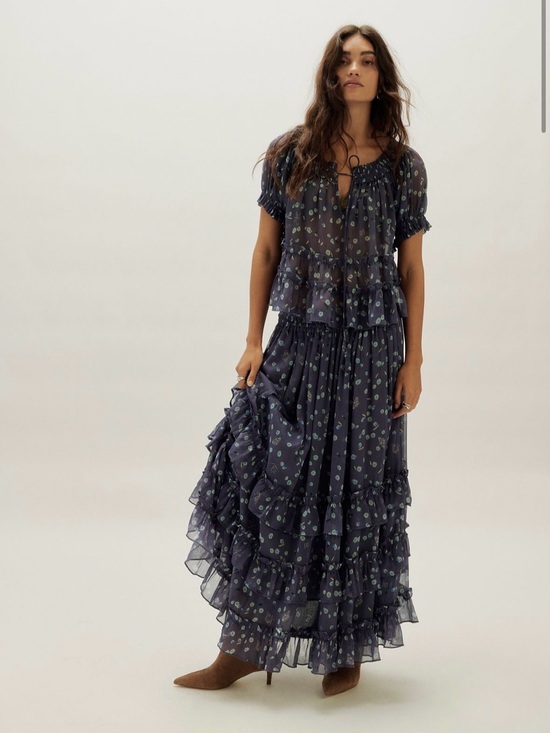 Free People Tops - Free People Dusty Blue Floral Tiered two piece set- blouse and maxi skirt